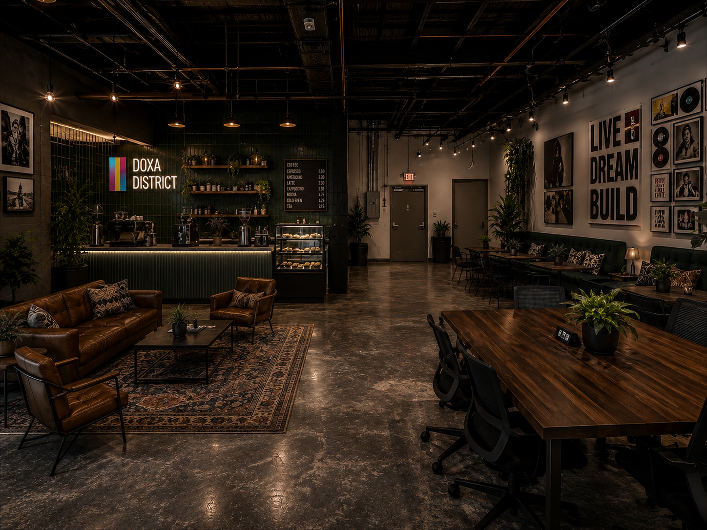 DOXA District interior lounge with leather seating and community gallery wall