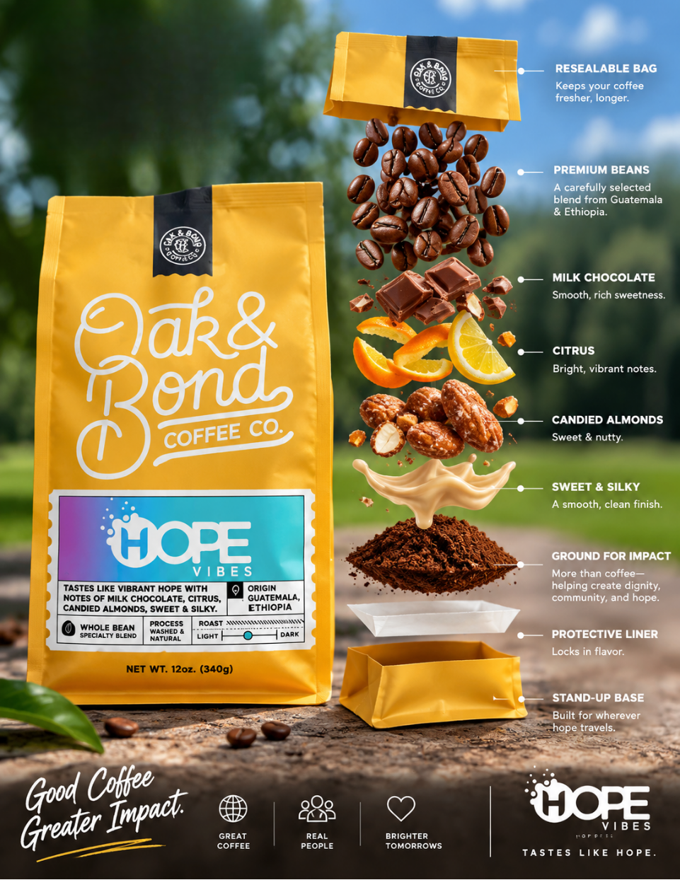 Hope Vibes whole bean specialty coffee — a yellow Oak & Bond bag with tasting notes of milk chocolate, citrus and candied almonds