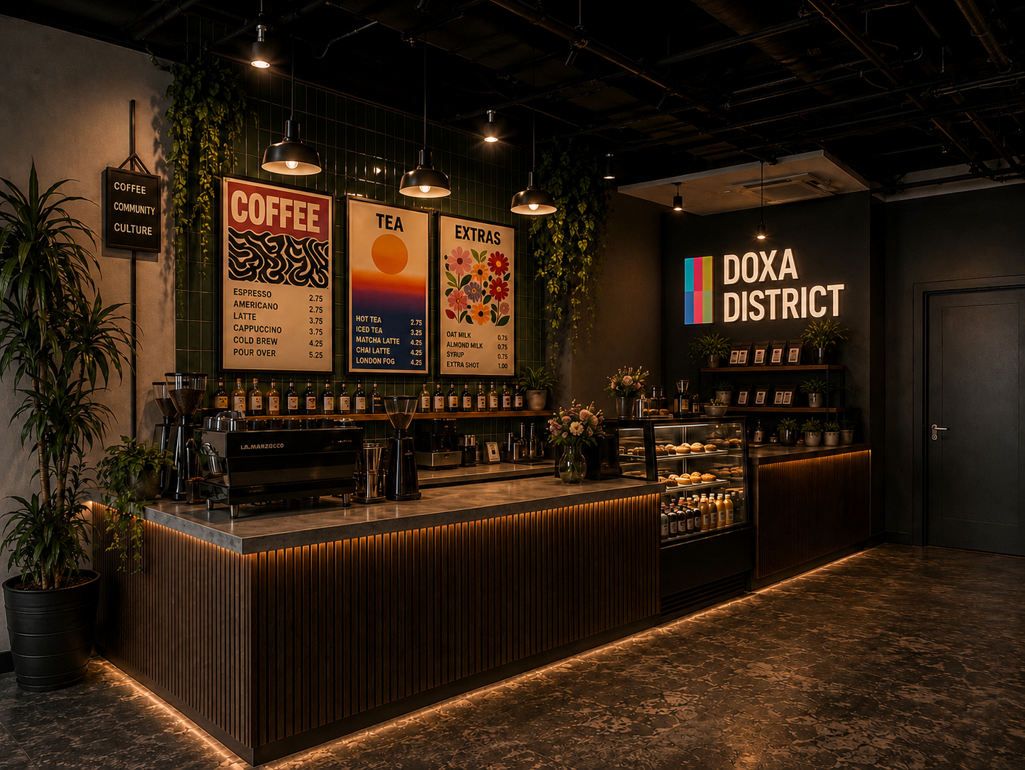 Coffee bar with espresso machine and menu posters