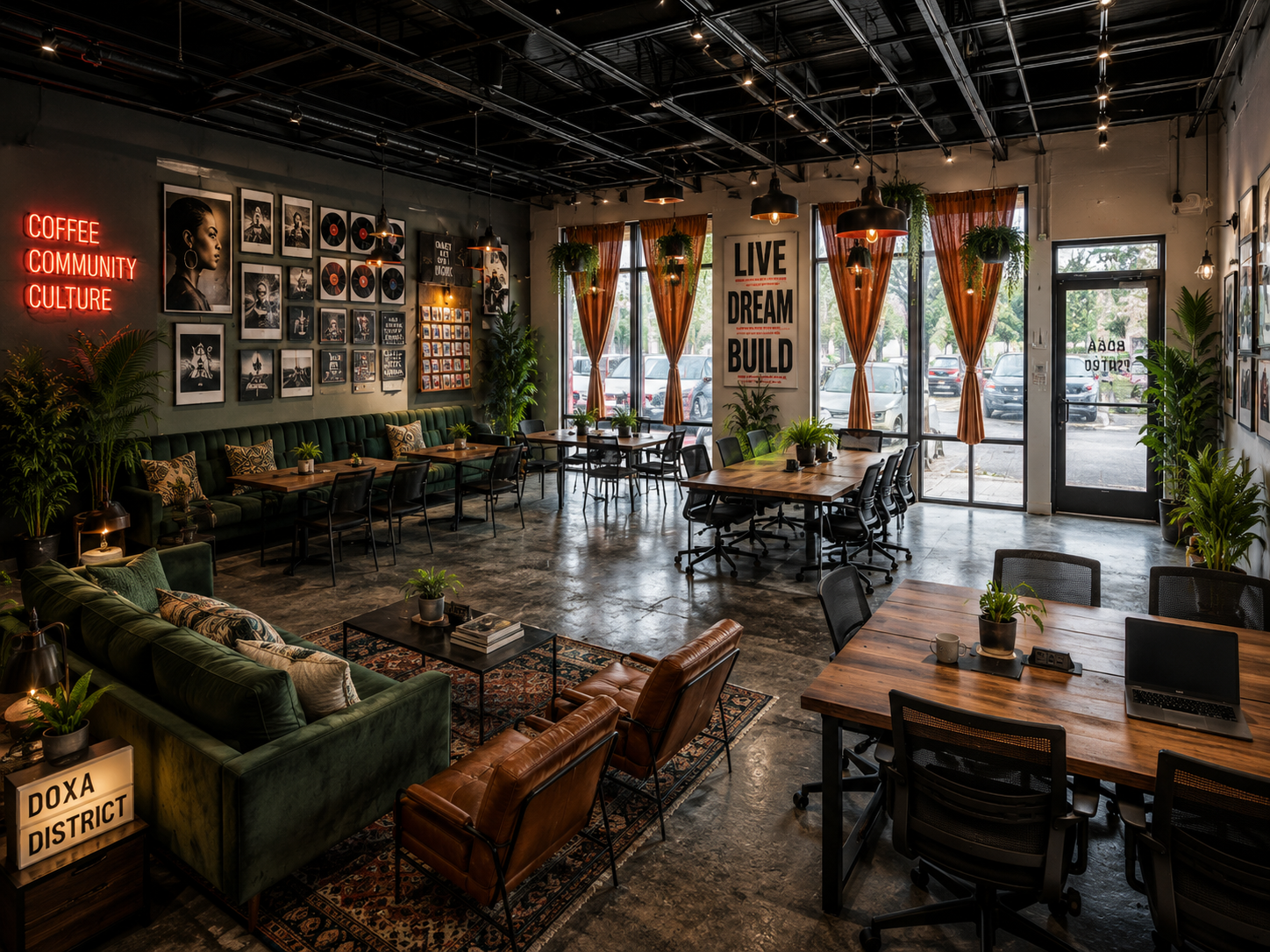 DOXA District interior lounge with leather seating and community gallery wall