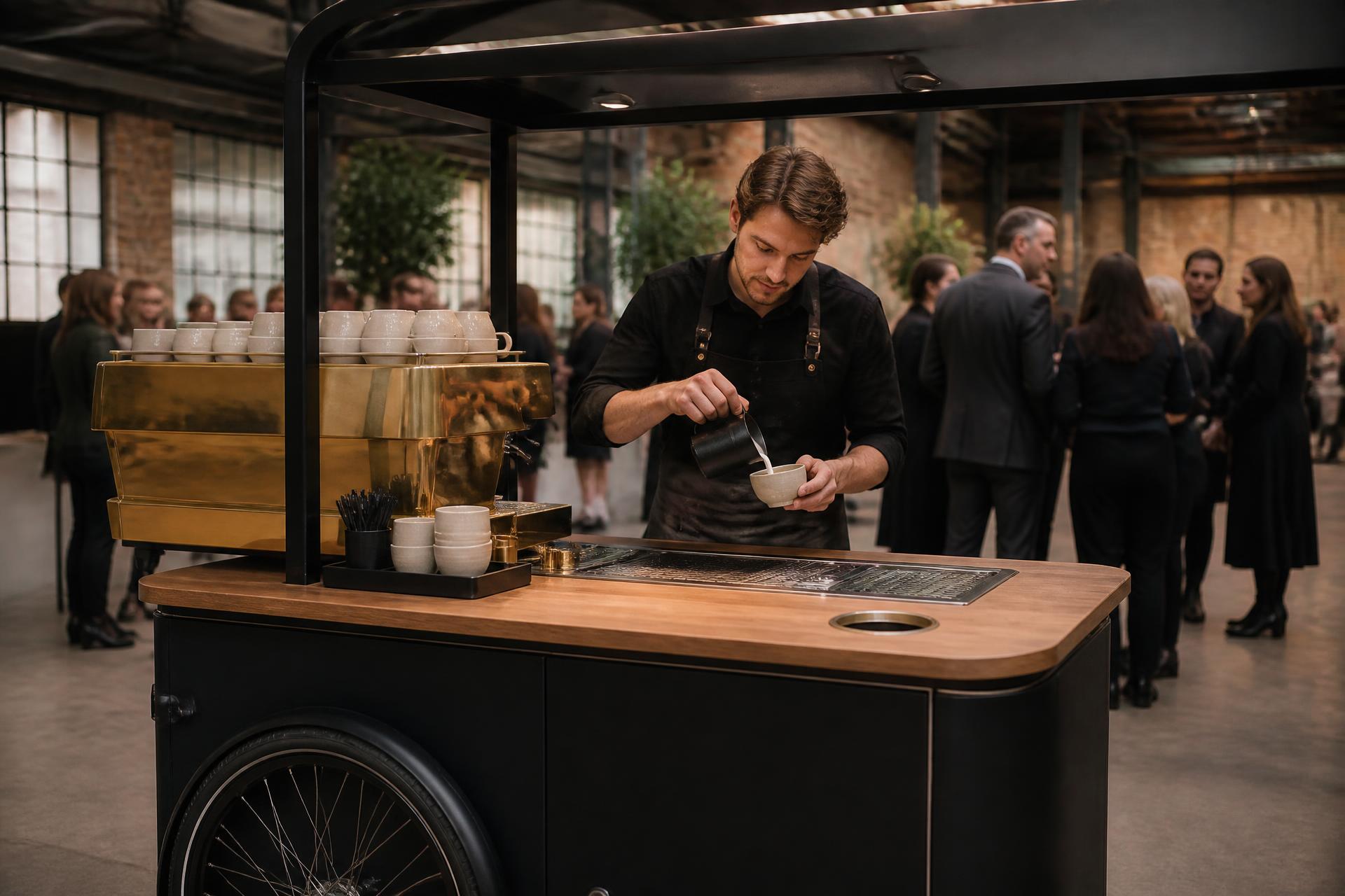 DOXA Mobile coffee cart with a barista pouring a latte at an event